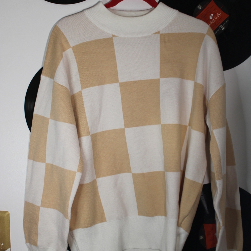Beige and White Checkered Sweater